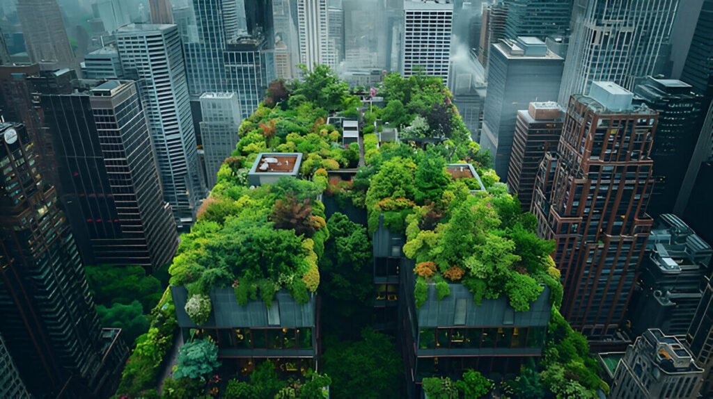 Rooftop gardens and urban farming in a cityscape