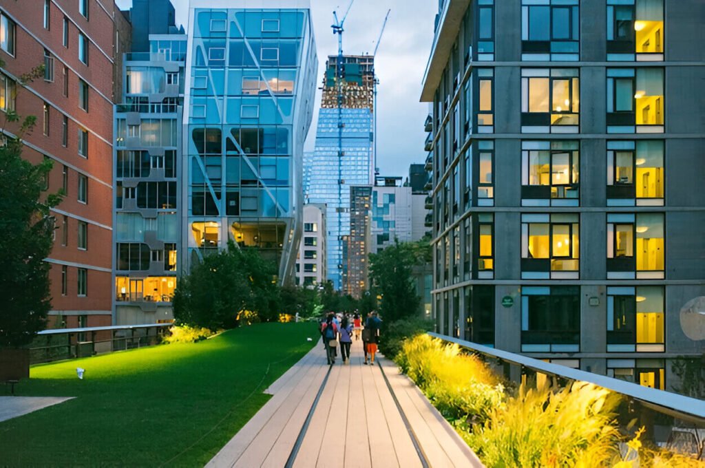 Green buildings with solar panels in a sustainable city